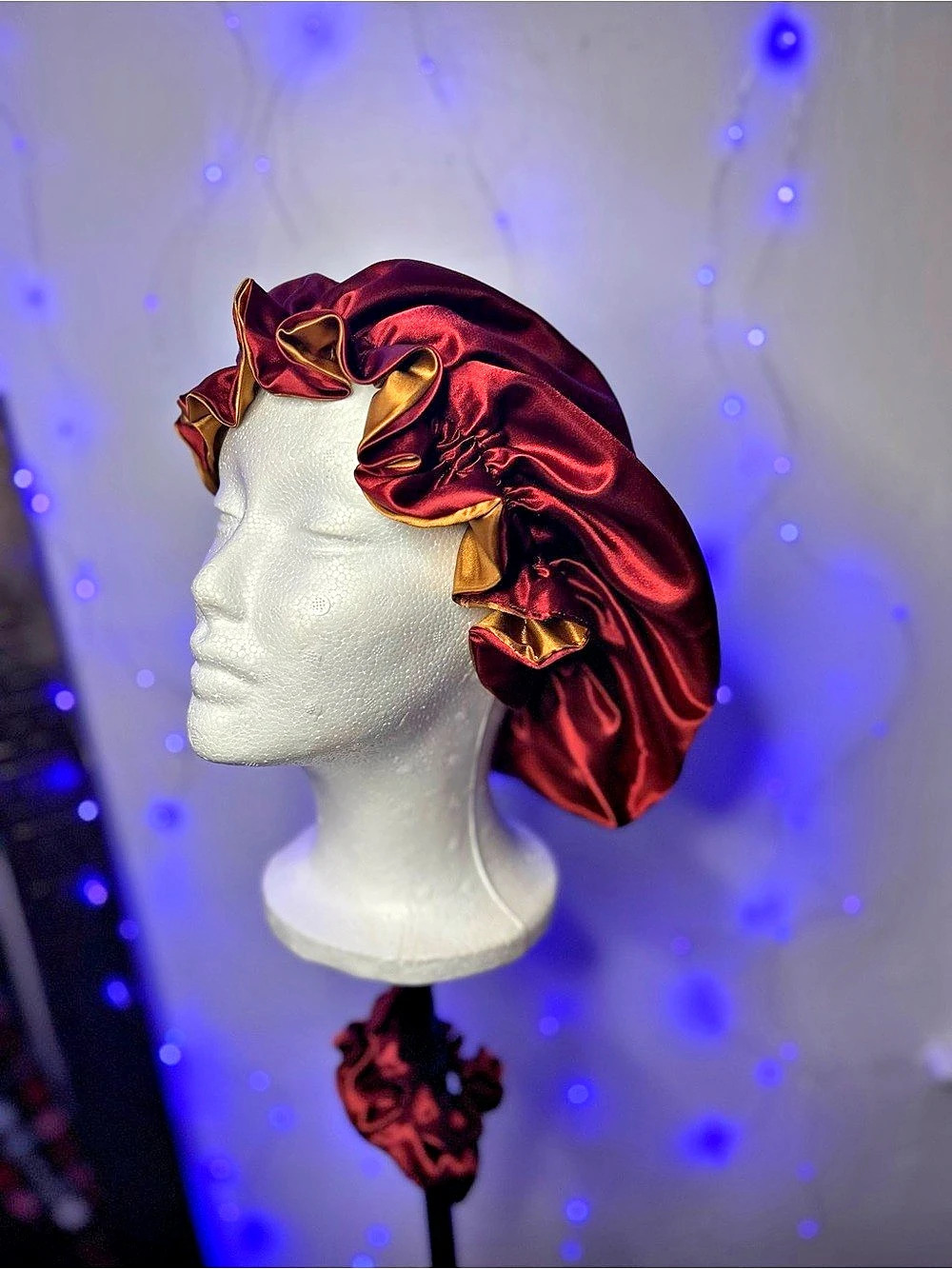 Reversible Satin Bonnet + Matching Scrunchie | Burgundy & Gold
